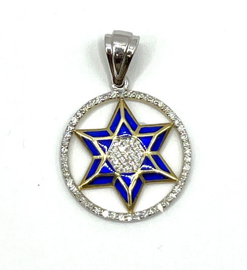 14K Gold & Diamond With Blue Enamel Star of David Round Necklace